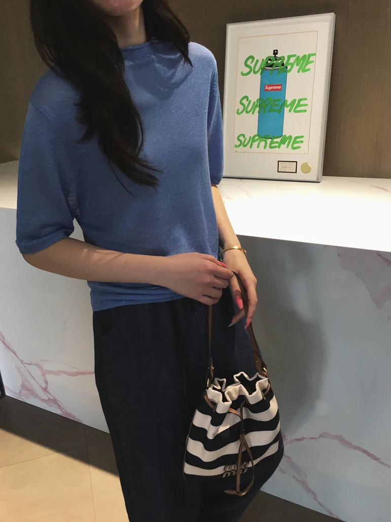 

Cuijia Simple Elegance Linen Knitted T-Shirt Cuffed Half High Collar Flat Needle Knit Casual Loose Fit Soft Comfortable