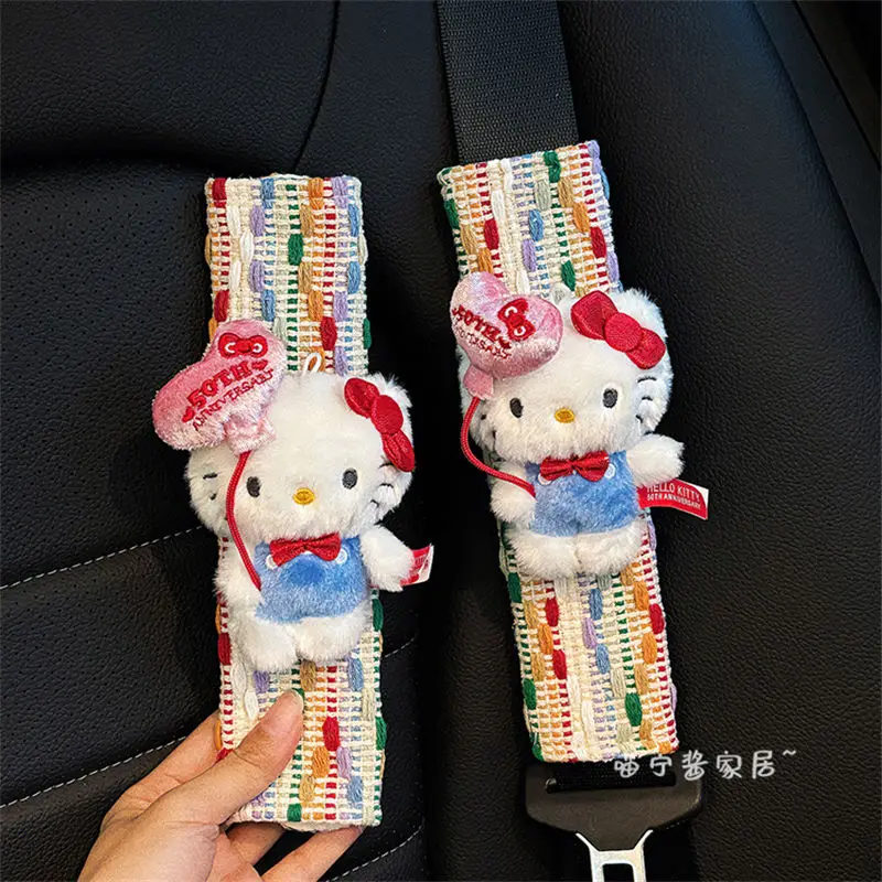 New Sanrios Dopamine 50th Anniversary Hellokittys Doll Car Accessory Seat Belt Shoulder Cover Anime Kawaii Car Protective Cover