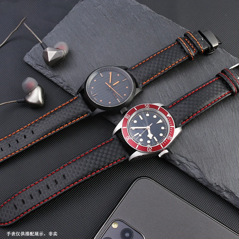 For Tissot Tudor IWC Blancpain Casio Carbon Fiber Pattern Leather Strap Bracelet Black Red Car Thread 21 22 23 Bands Accessories
