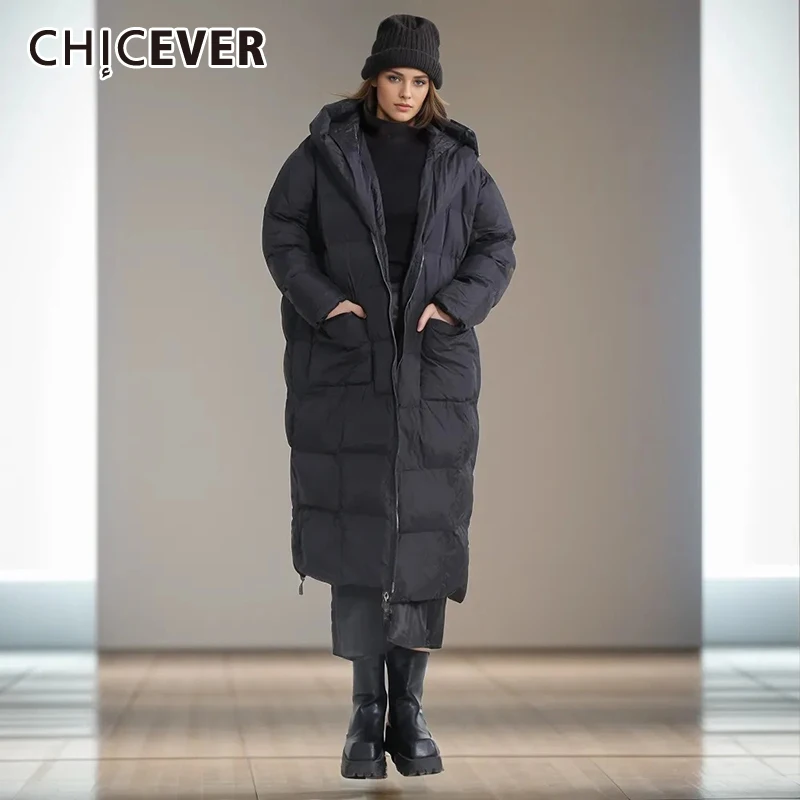 

CHICEVER Straight Loose Coats For Women Hooded Long Sleeve Minimalist Patchwork Zipper Down Winter Coat Female 2024 Clothing New