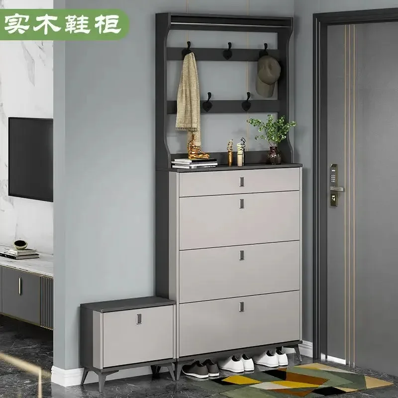Italian solid wood ultra-thin tipping bucket shoe cabinet, large-capacity entrance with hanger storage cabinet at the entrance,