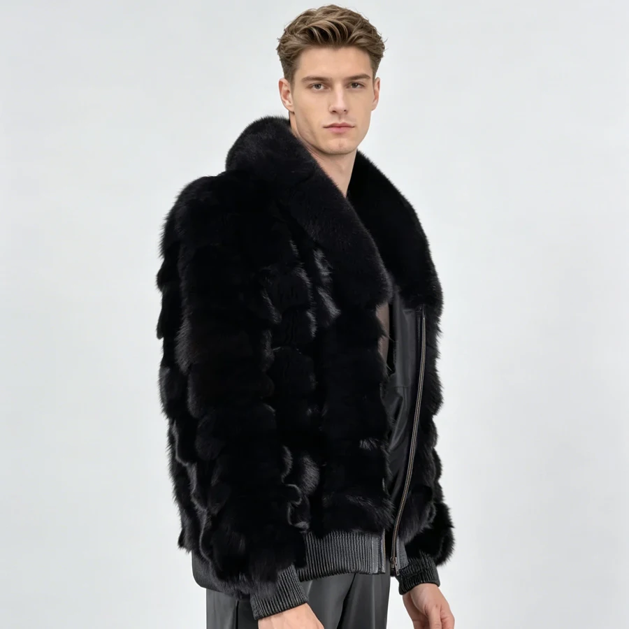 Black Fox Fur Zippered Bomber Jacket With English Collar Natural Fox Fur Coat Cropped Fur Jacket New Genuine Fur Coat Men