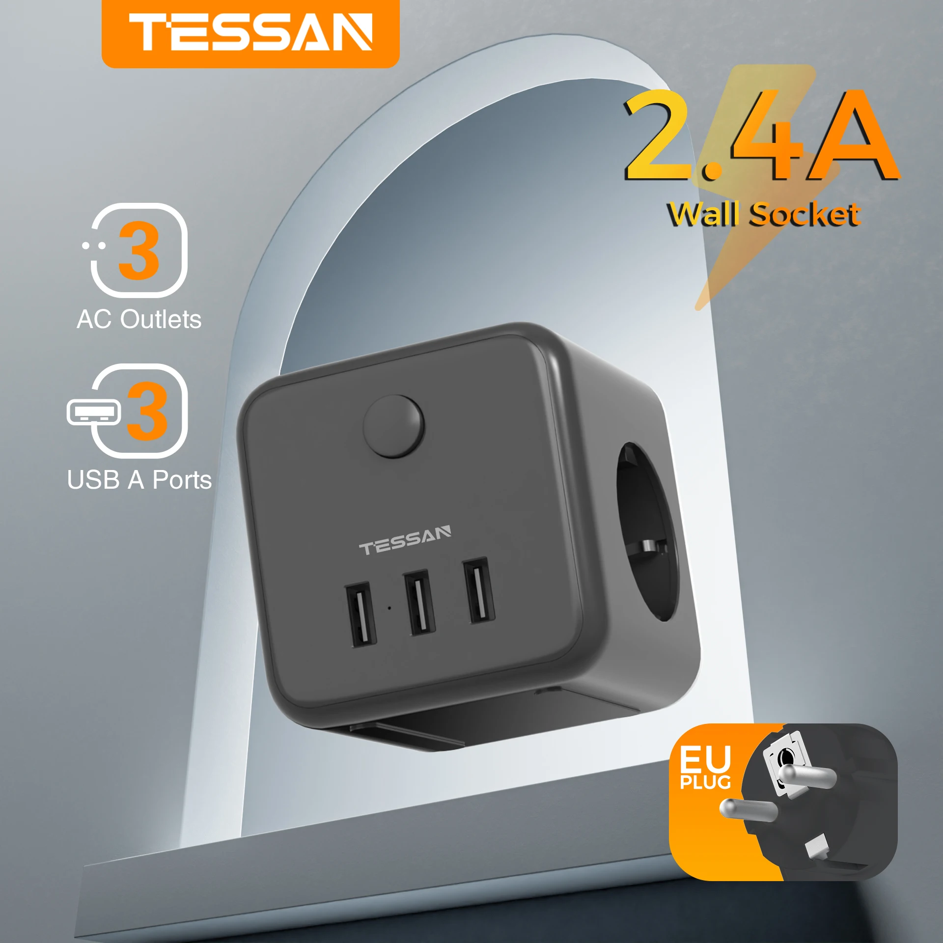 

TESSAN Black Cube Socket Power Strip with Switch 3 EU Outlets 3 USB Charging Ports Europe Wall Socket Extender Adapter for Home