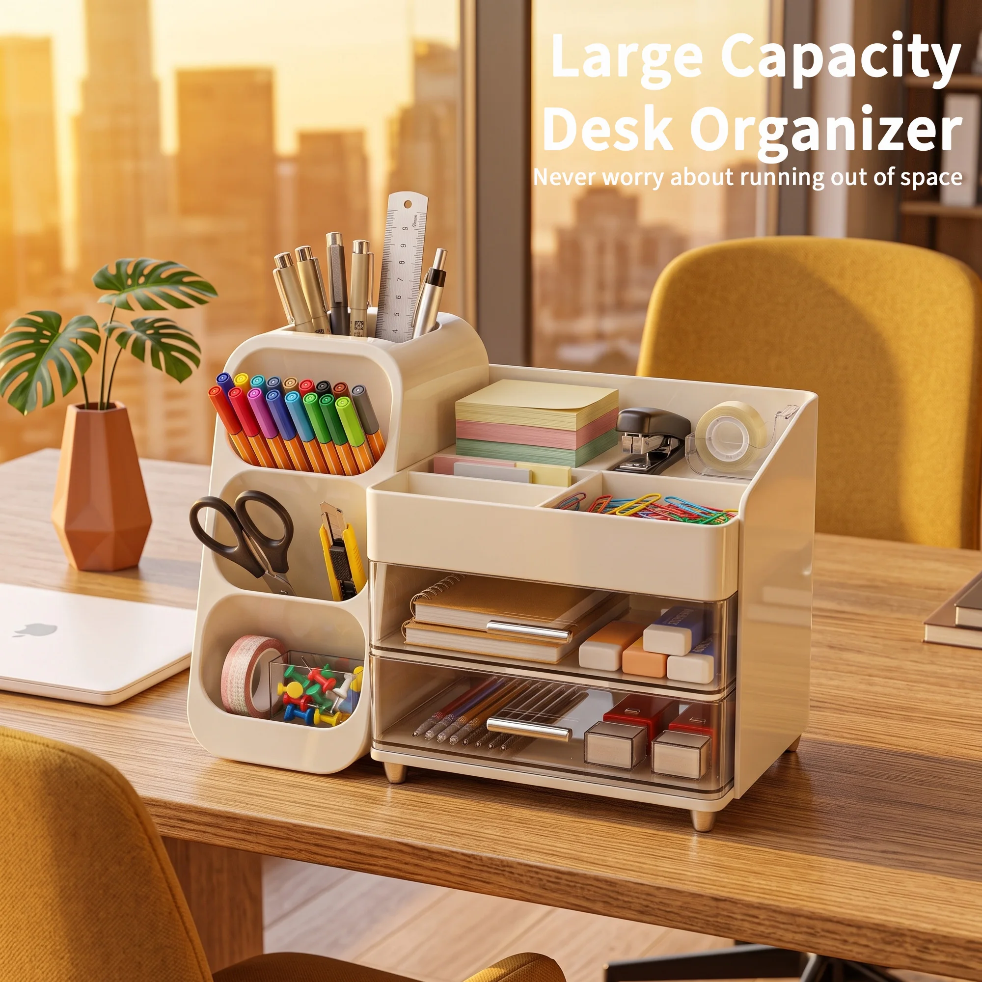 Desk Organizer with Pen Holder, 2 Drawers & 4 Compartments  Multifunctional Pen Holder Drawer Stationery Organizer Storage Desk Organizers Plastic Accessories Office School Supplies Plastic Desktop Storage for Office, School & College Supplies