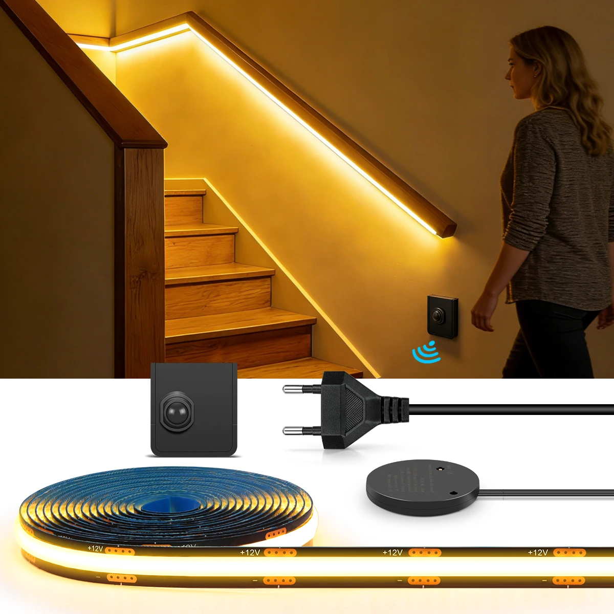 Portable PIR Motion Sensor Switch Black FCOB 12V LED Strip Light 5M 10M For Stairway Corridor Step Bedside Decor Night Lamp
