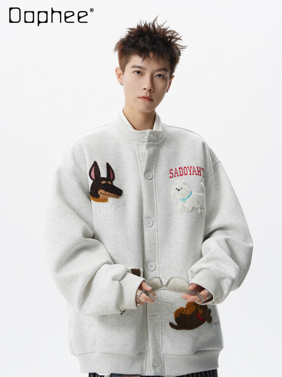 Spring and Autumn New American Style Cartoon Puppy Embroidered Gray Cardigan Men's Loose Casual Navy Blue Baseball Jacket