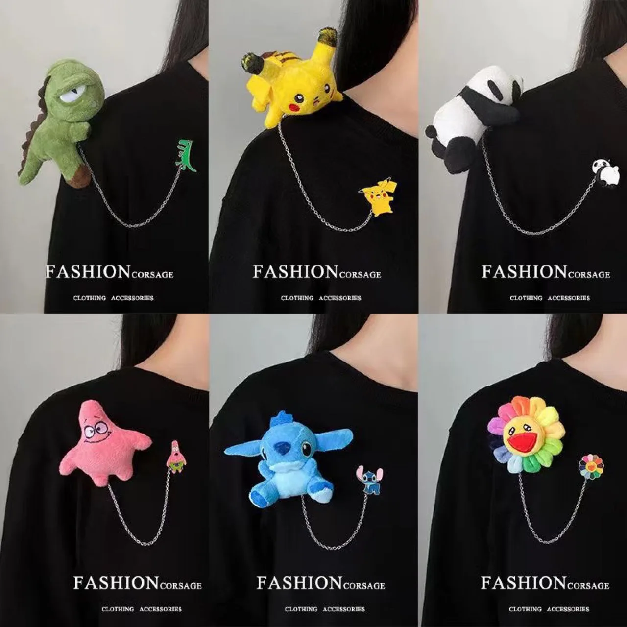 

Cartoon Doll Dinosaur Sunflower Squirrel Panda Brooch Patrick Pikachu Stitch Alloy Pin Clothing Bag Plush Brooch Gifts for Child