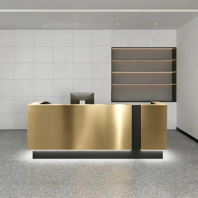 Luxury Unique Reception Desks Modern Aesthetic Company Stainless Steel Reception Desks Simple Design Mostrador Office Furniture 6