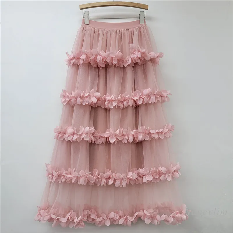 Layers of Petal Edge Mesh Cake Skirt Women's Spring Summer 2025 New High-waisted A-shaped Big Pendulum Skirts