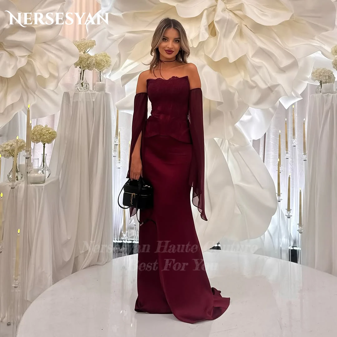 

Nersesyan бордовые кружевные вечерние платья русалки с открытыми плечами и аппликациями женское вечернее платье с расклешенными рукавами вечерние платья по индивидуальному заказу