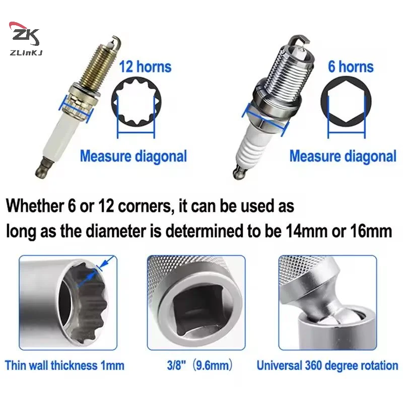 Spark Plug Socket Wrench Adapter 14mm16mm Set Universal Joint With Magnetic Flexible Socket Thin Wall 3/8