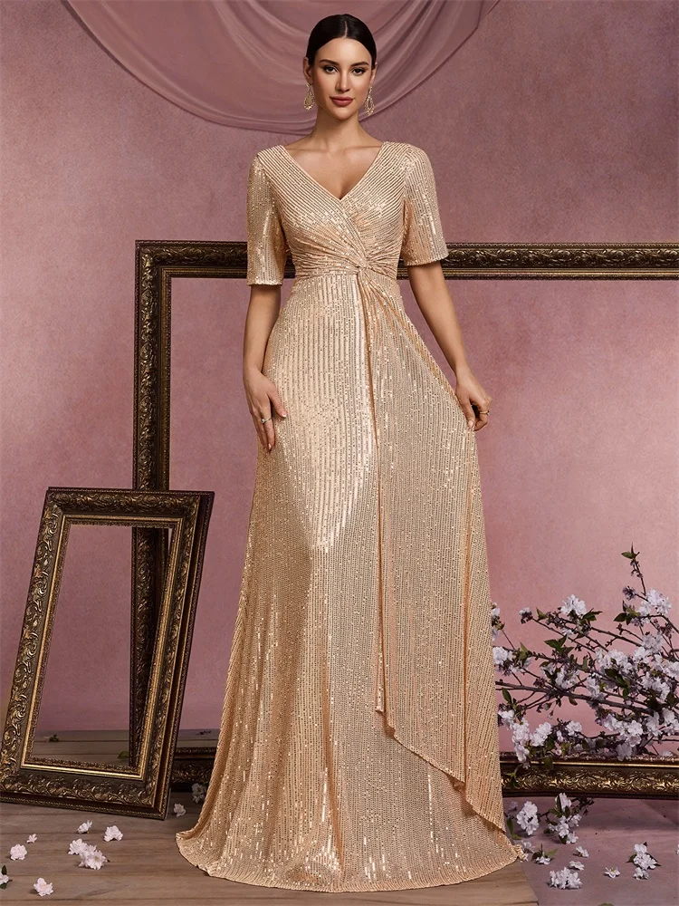 Abiti da sera di lusso con scollo a V lunghi fino al pavimento Abiti da cocktail da ballo con maniche corte e paillettes eleganti da donna