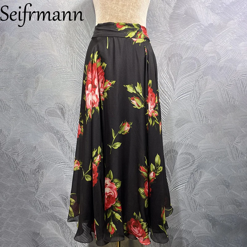 Seifrmann 2026 Spring Women's clothing New Fashionable High Quality Silk Printed Waist cinching Half Skirt
