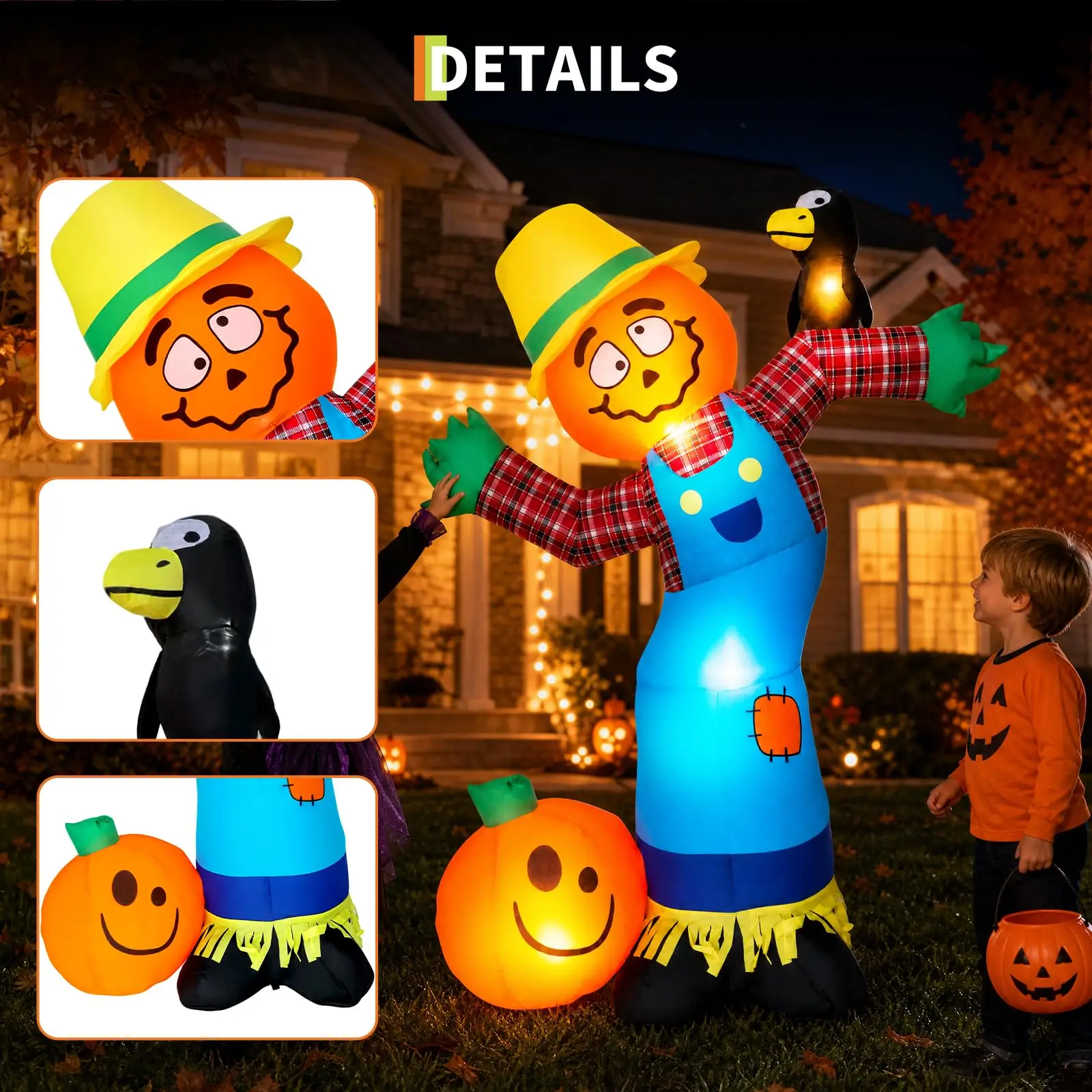 Halloween Inflatable Pumpkin Scarecrow 7 LED Lights Outdoor Inflatable Halloween Yard Decoration Thanksgiving Lawn 6 ft