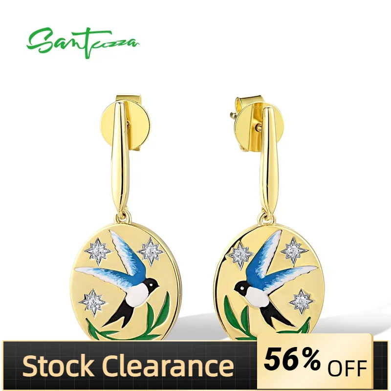 

SANTUZZA Authentic 925 Sterling Silver Drop Earrings For Women Sparkling White CZ Lovely Blue Bird Enamel Trendy Fine Jewelry