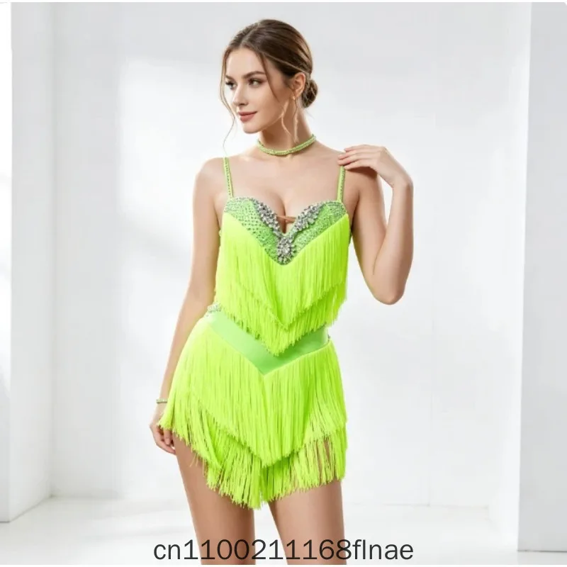 Latin Dance Dress New Cha Cha Dress for Girls, Ballroom Dance Performance Competition, Training, Adult Tassel Dance Costume
