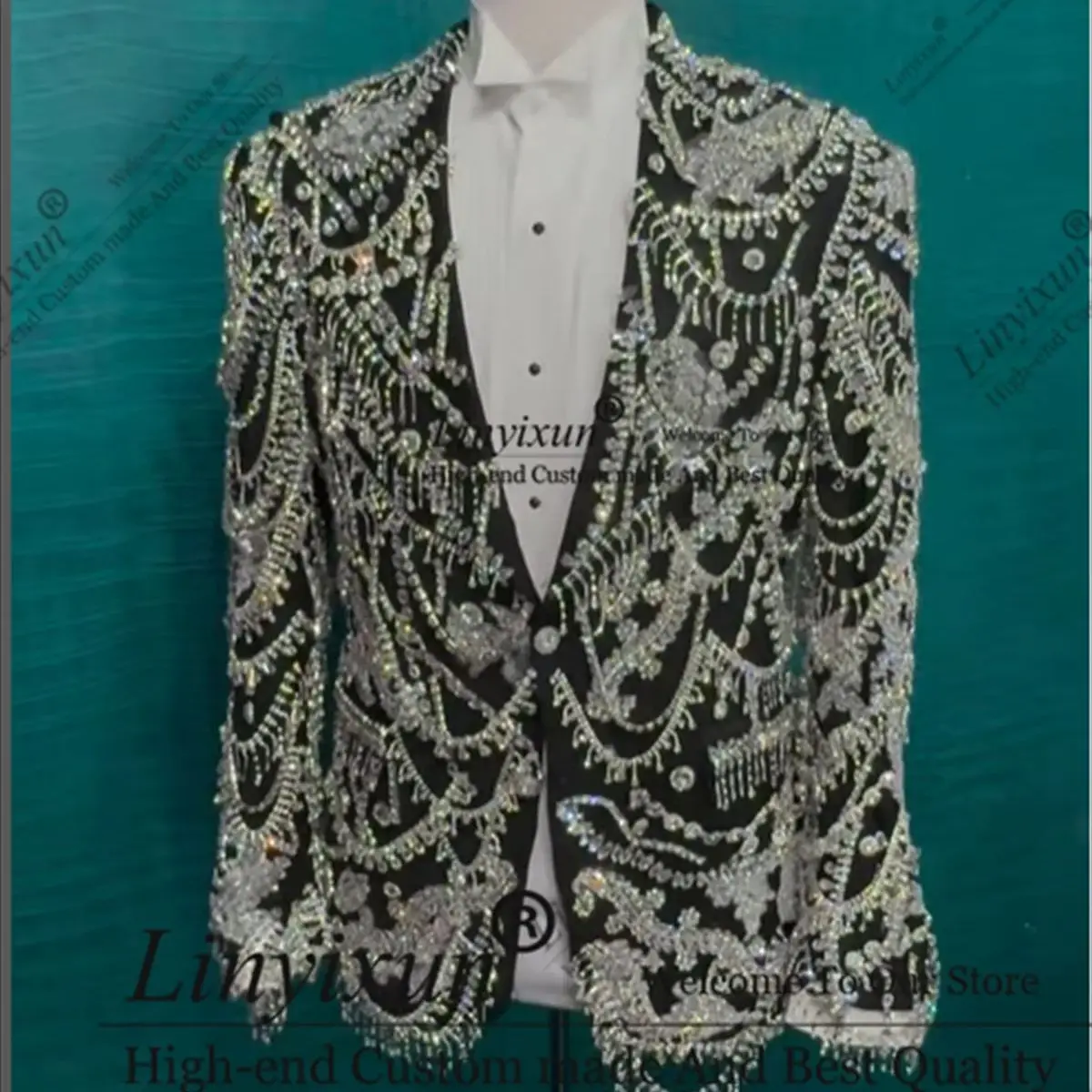 Luxury Diamond Tassels Men Suits 2 Pieces Sets Male Prom Blazers Peaked Lapel Groom Wedding Tuxedos Customized Costumes Homme