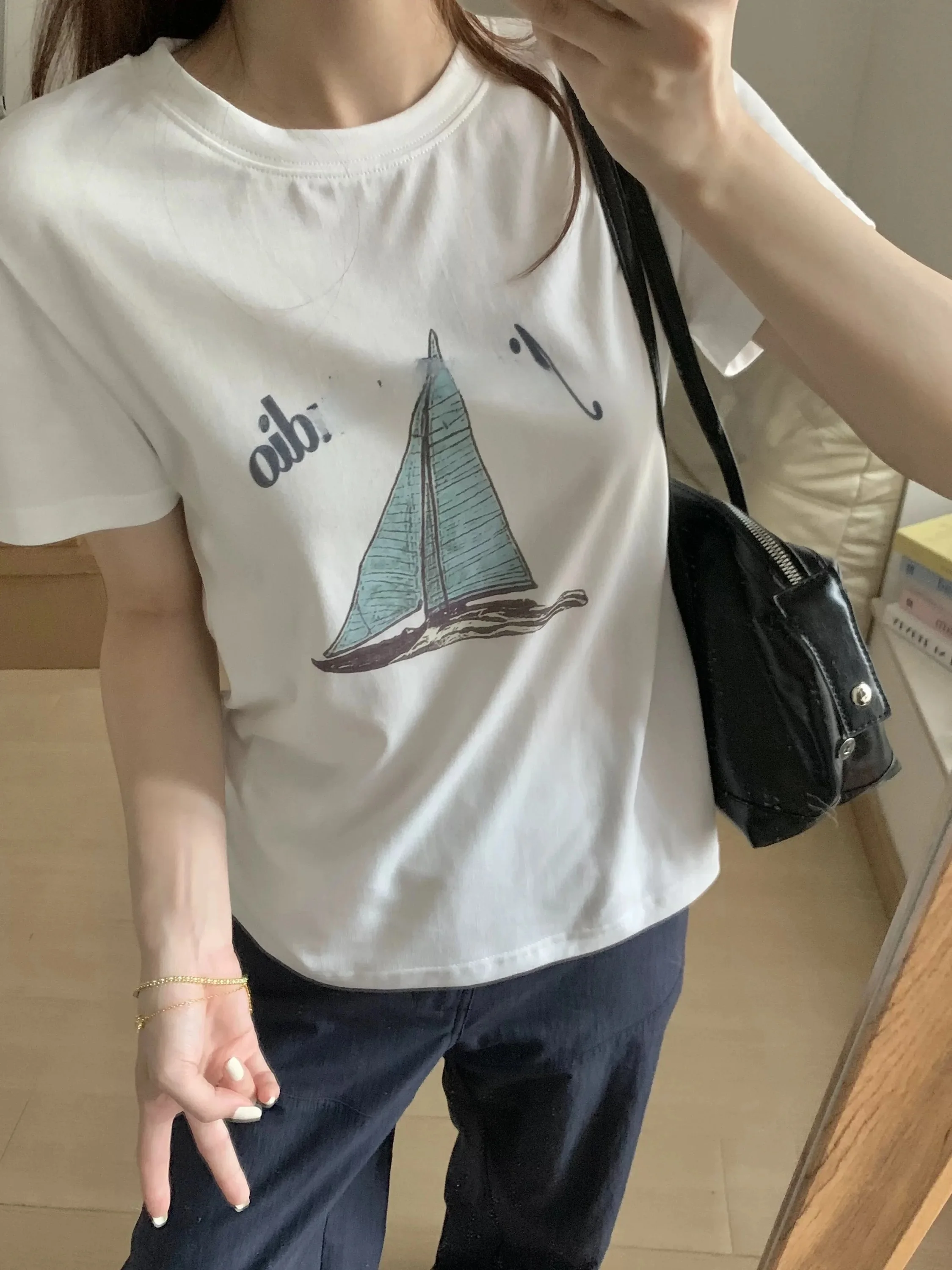Retro American Sailing Letter Print Short Sleeve Women's Summer White Shoulder T-Shirt Pure Cotton round Neck Short Style Top