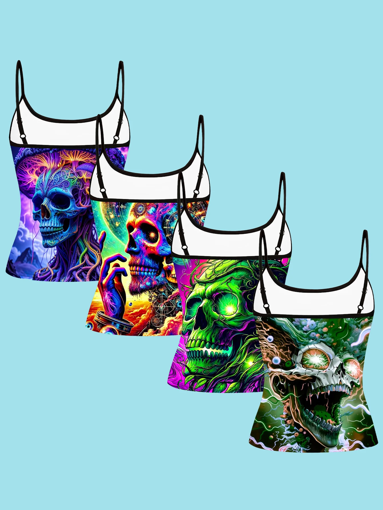 4-Piece Set of Women's Psychedelic Neon Skull Print Camisoles, Mushroom Vine Starry Sky Geometric Slim-Fit Spaghetti Strap Inner Tops