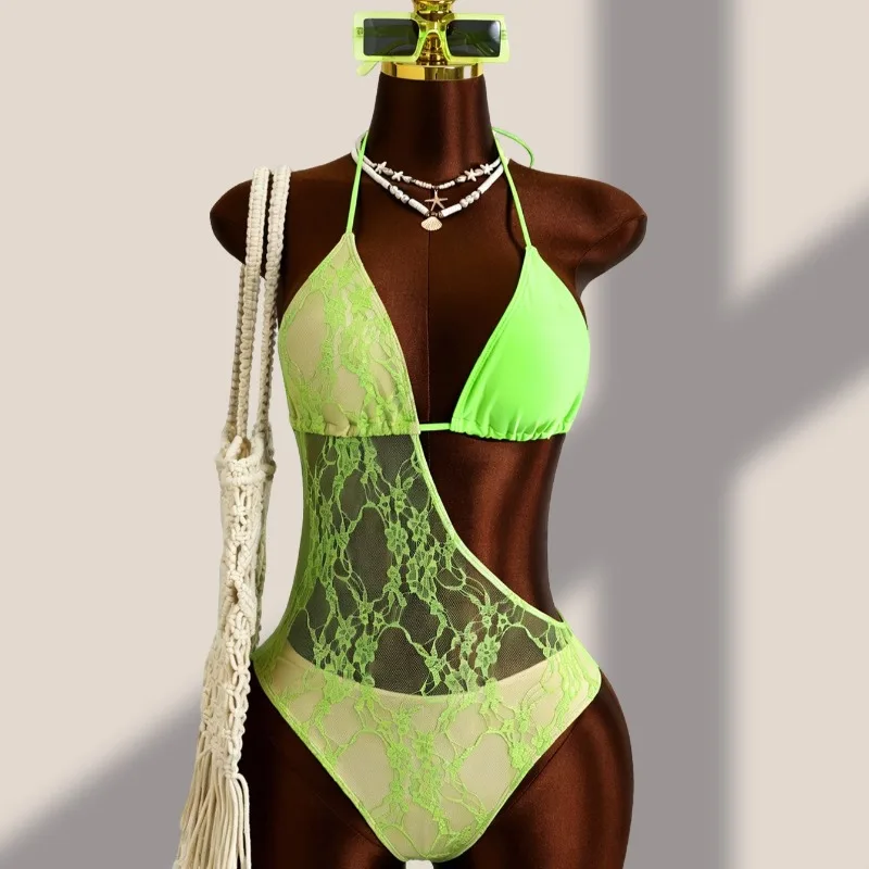 2026 New  Black Lace Sheer See Through One Piece Swimsuit Women Sexy Tie Up Backless High Cut Beach Bikini Bathing Suit