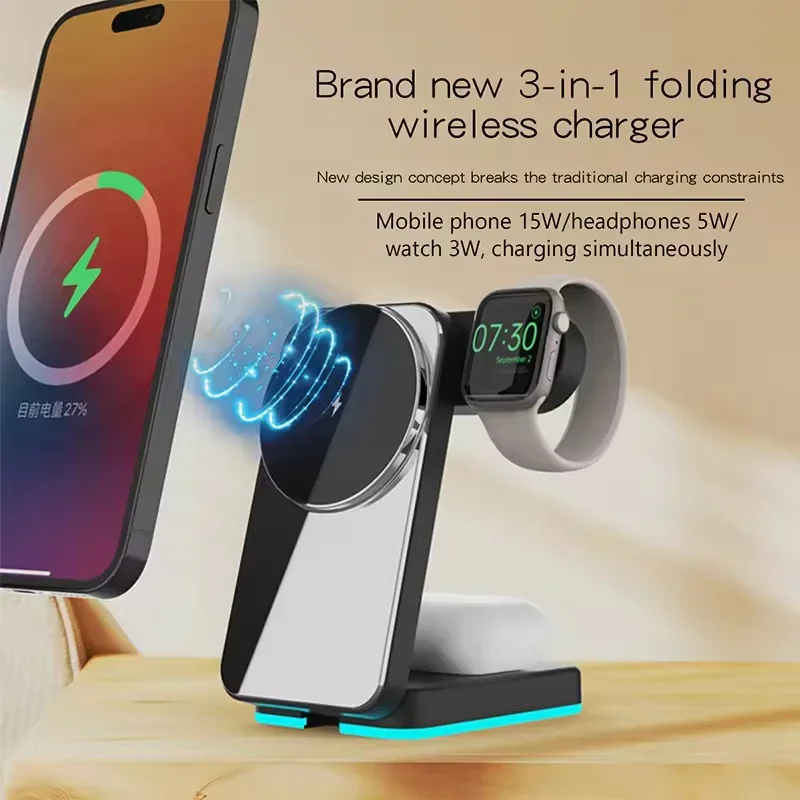 3-in-1 Brand New Folding Wireless Charger,15W Wireless Charger Stand, IWatch Charger, for IPhone 16/15/14/13/12, AirPods Series