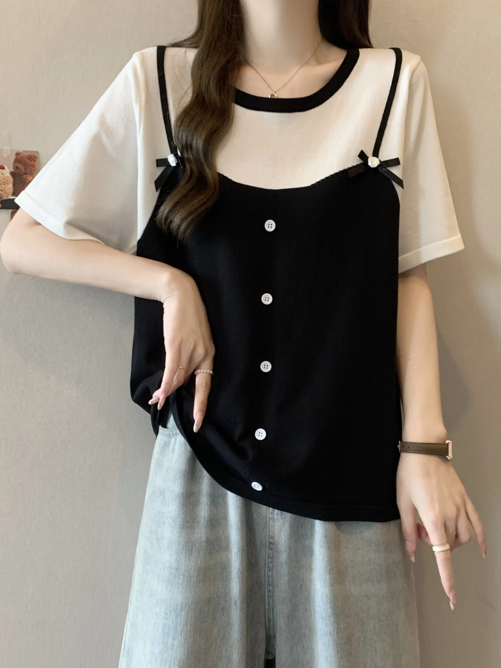 

plus Size Knitted Top with Knot Design Casual Commute Style Fake Two-Piece Strap Casual Versatile Meat Concealing