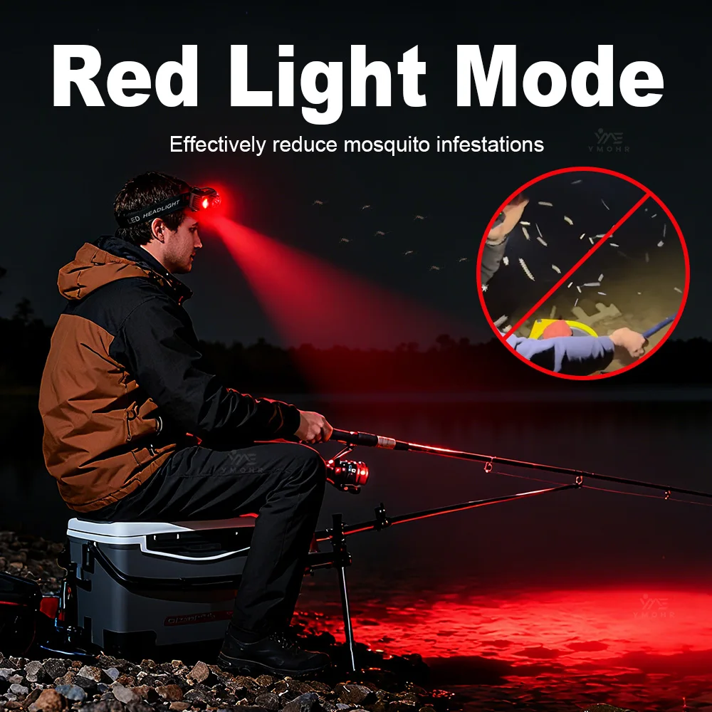 Red Light Headlamp LED Rechargeable 18650 Powerful Headlight Waterproof Head LED Front Flashlight Fishing Accessories Work Light