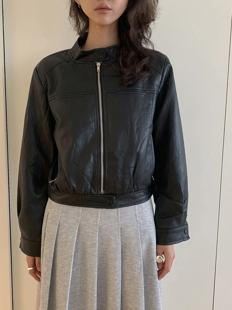 أنيقة ort Double ket عالية الياقة دراجة نارية Jaet المرأة تصميم فريد من نوعه Bla PU معطف جلد Sli الخريف Faion #1