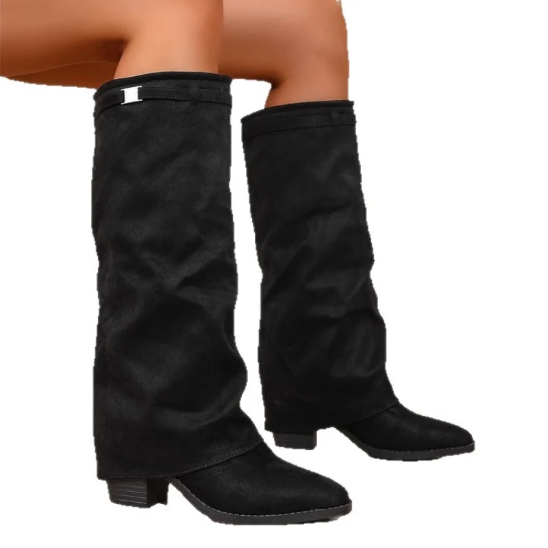 Women's Plus-size Pointed-toe Thigh-high Trousers Boots with Pleats Chunky Heels Slip-on High-heeled Versatile Fashion Boots