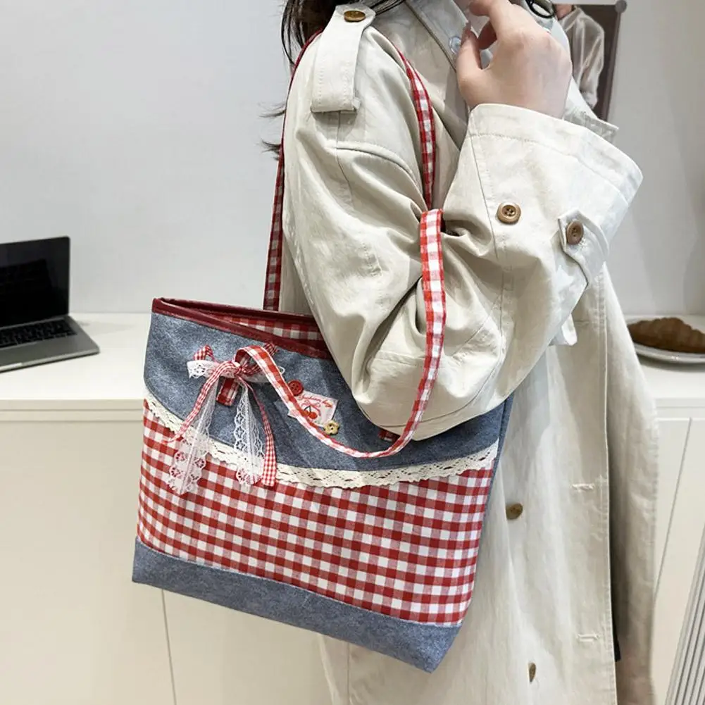 Портативная сумка-тоут в стиле ретро, решетчатая кружевная сумка на плечо с бантом, милая джинсовая клетчатая сумка в сельском стиле, женские сумки, кошелек