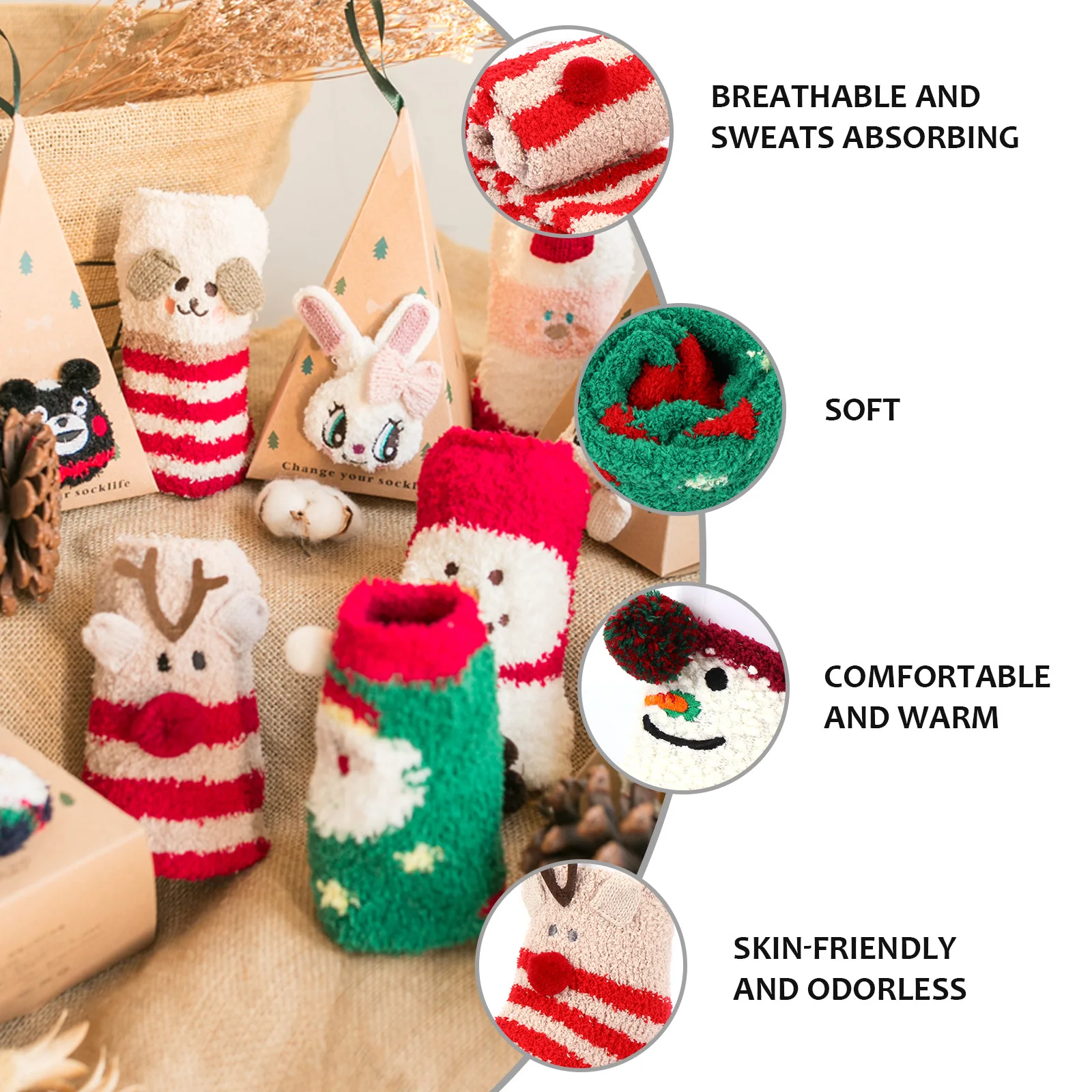 

5Pairs Christmas Socks Coral Fleece Sleep Stockings Thick Soft Breathable Warm Non Drop Winter Household Socks