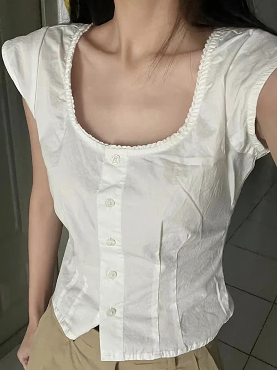 Szwy Białe wąskie koszulki bez rękawów Letni kołnierzyk w kształcie litery U Jednorzędowa bawełniana bluzka na co dzień Top Femme Styl Preppy Topy y2k