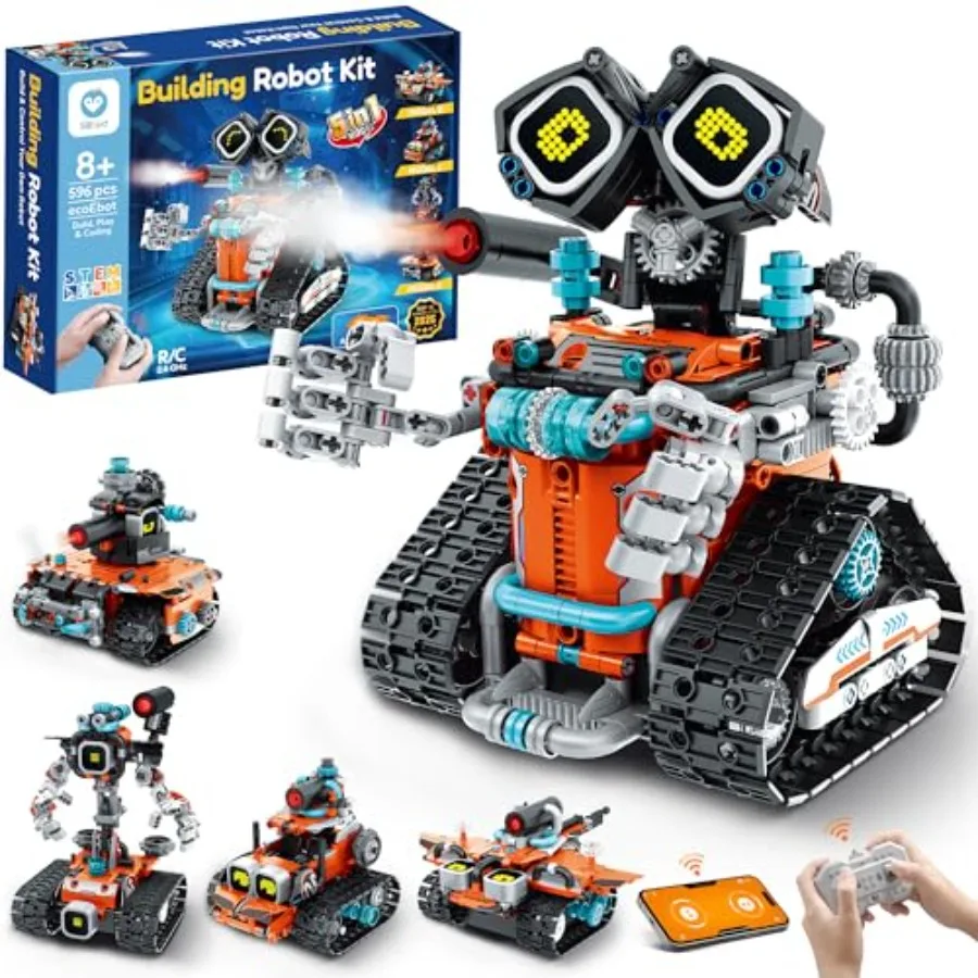 

Robot Building STEM Kit with Remote Control for Boys Ages 8-14: Technic Coding Gift Buildable 5-in-1 Robotics Toy in Blue and G