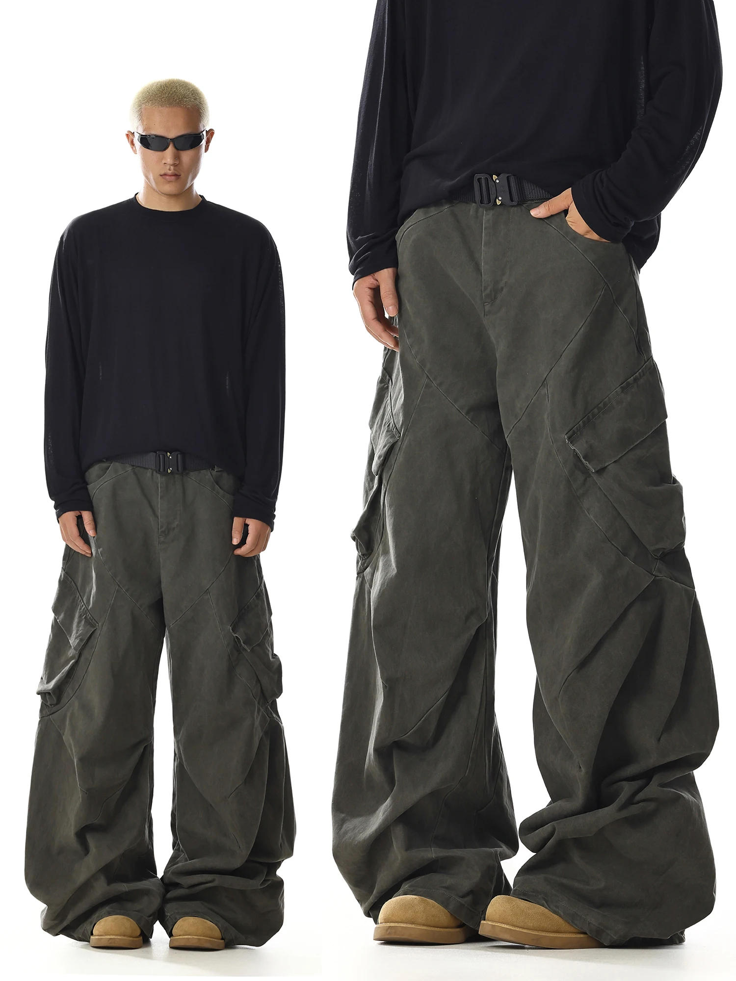 

Retro American Military Green Work Pants Men's Casual Wide Leg Straight Cut Resistant Jeans mid Waist Zipper Closure Clean Fit