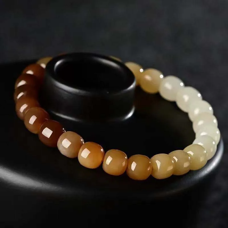 

Hetian Women White Old Style Beads Gradient Color Jade Bracelet Single Circle