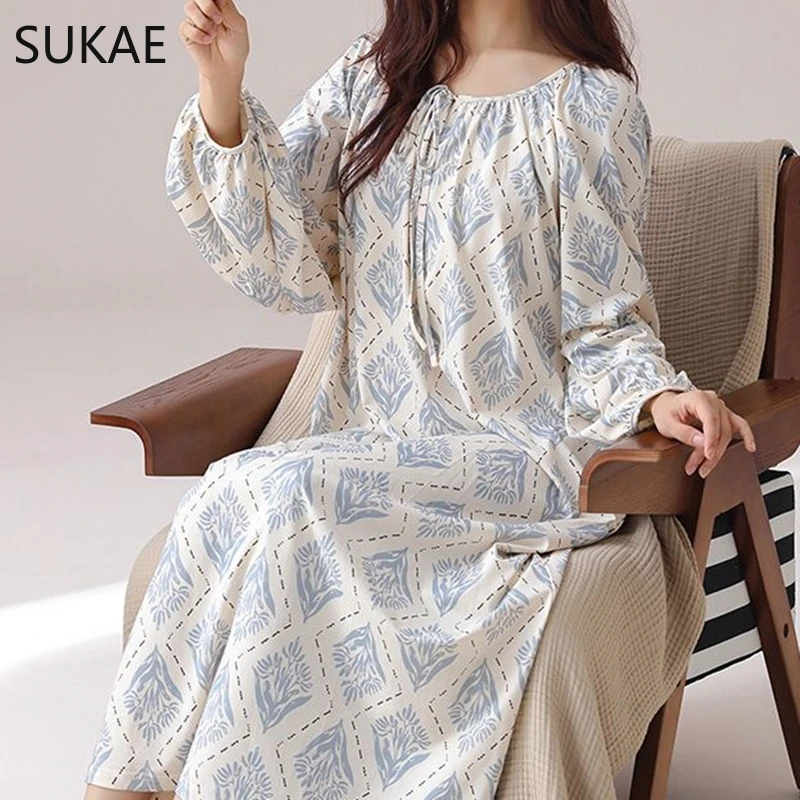 SUKAE Gorgeous Long Sleepshirt Elegant Women Nightgowns Spring Vintage Court Style Lady Chic Dress Autumn Faux Cotton Nightdress