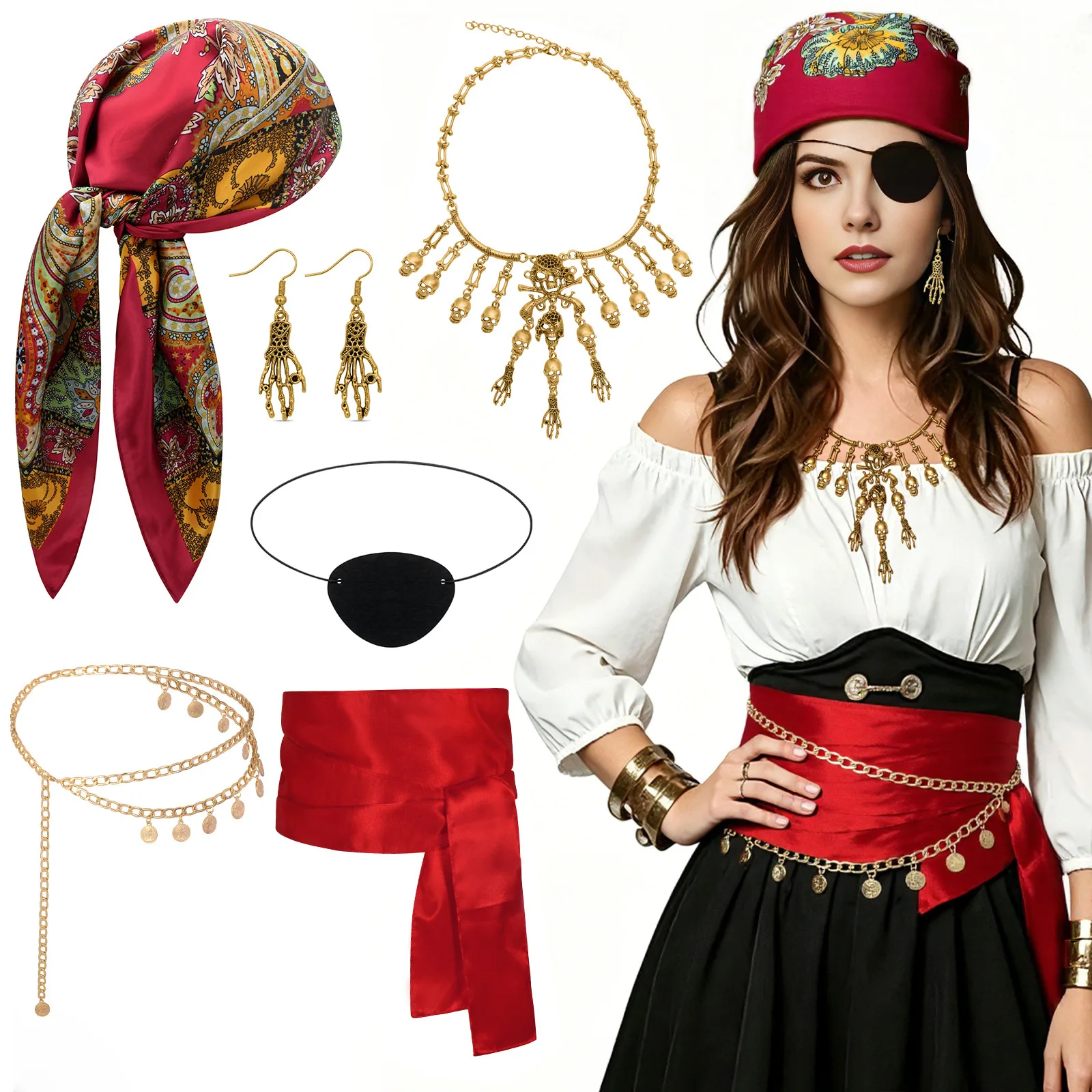 

Men Pirate Accessories Women Pirate Costume Set with Head Scarf Necklace Chain Belt Halloween Cosplay Party Outfit Red