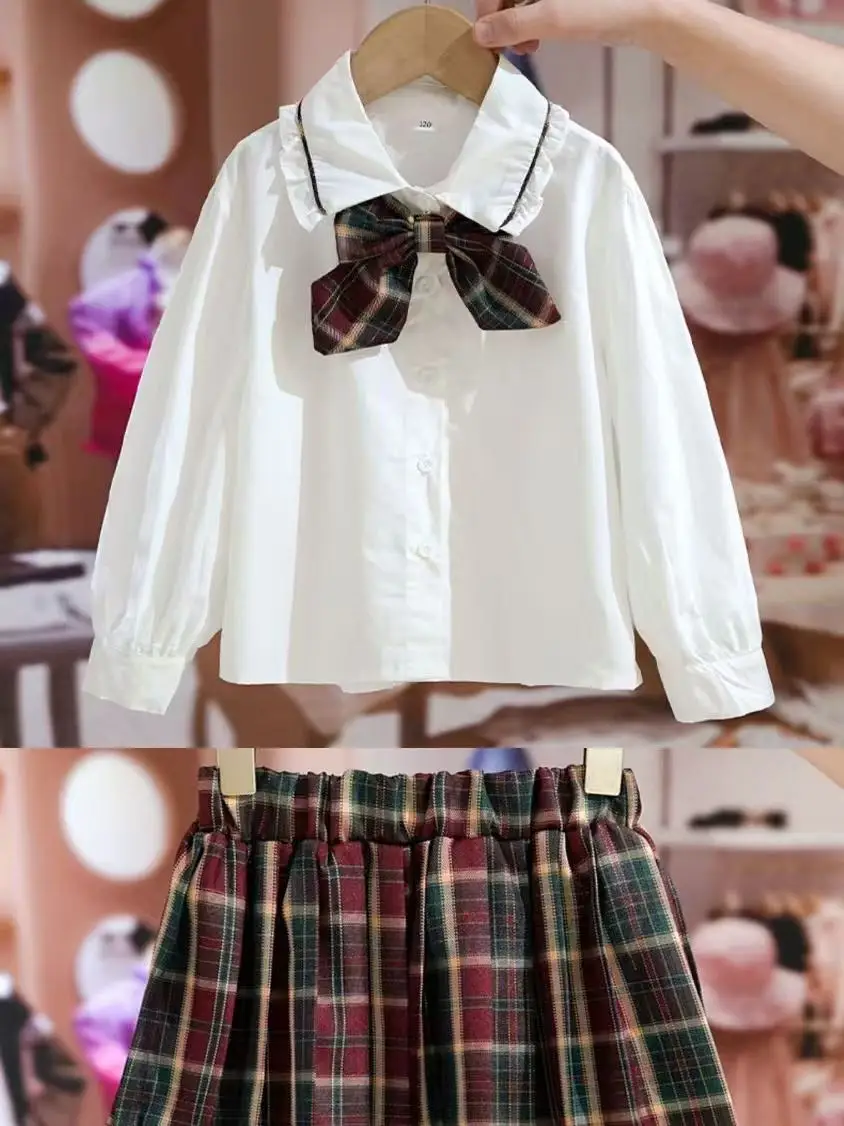 

Детский свитер для девочек JK, комплект униформы, осенне-зимний детский вязаный кардиган + рубашка + юбка, комплект из трех предметов в студенческом стиле