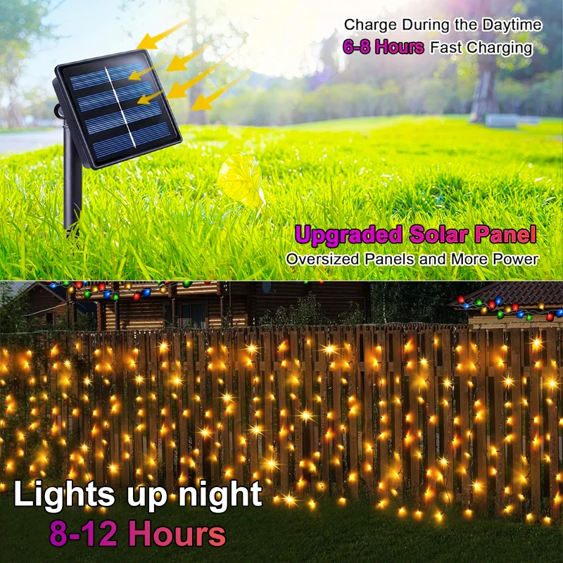 Outdoor impermeável LED Solar String Lights, Luzes de Natal, pátio exterior, quintal, árvore, decorações de jardim, 8 modos