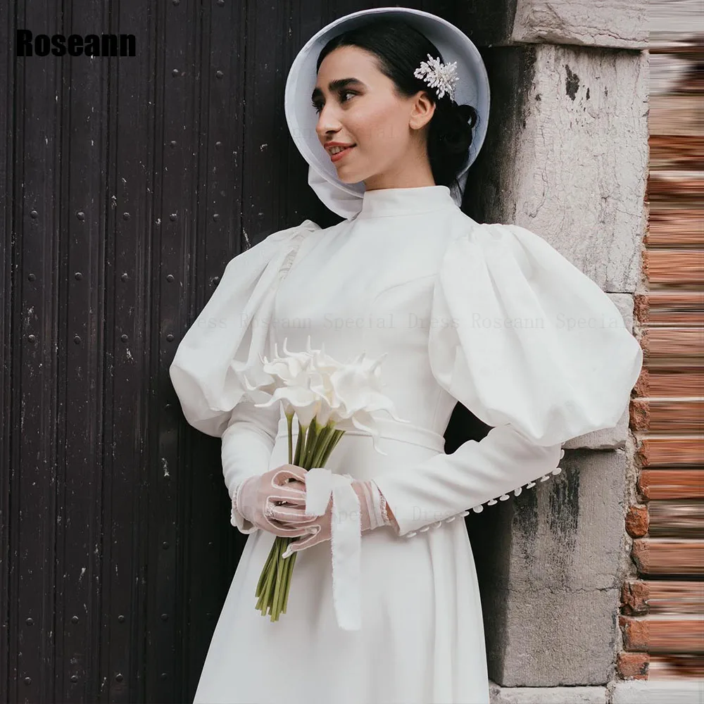 Musulmano semplice collo alto a-line abiti da sposa manica a sbuffo bottone lunghezza pavimento nastro abito da sposa pennello treno robe de mariée