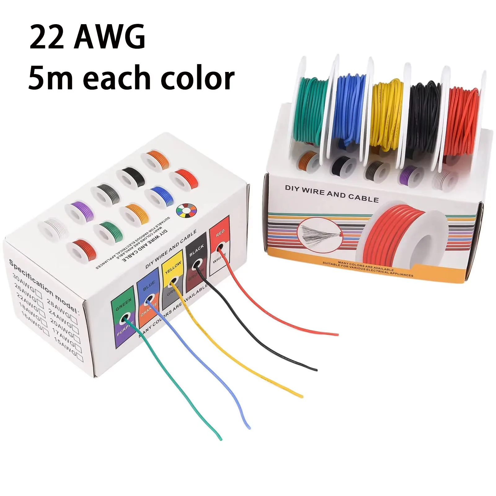 22AWG Wire Flex Silicone 22 Gauge Stranded Tinned Copper Wire, OD: 1.7mm, 5 Colors 16.4ft/5m, Electrical Connection Wire Kit