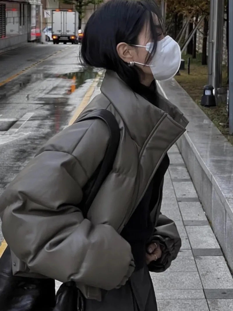 South Korea Stand Collar PU Leather Down Jacket Cotton-padded Clothes Outerwear Women 2024 Autumn and Winter Loose Slimming