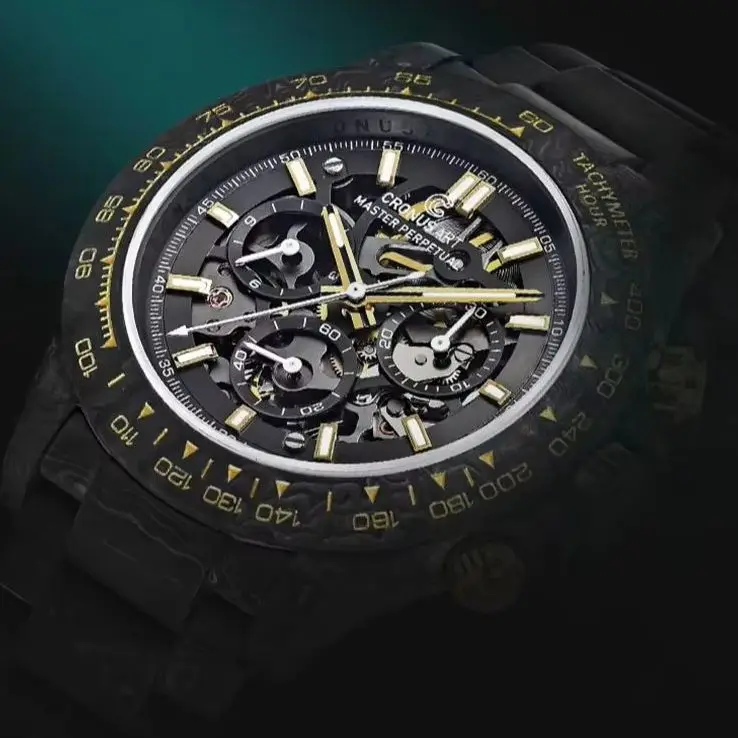 CRONUSART Men Chronograph Watch 42mm Automatic Mechanical Wristwatch Carbon Fiber Case & Strap Sapphire Fluororubber Strap