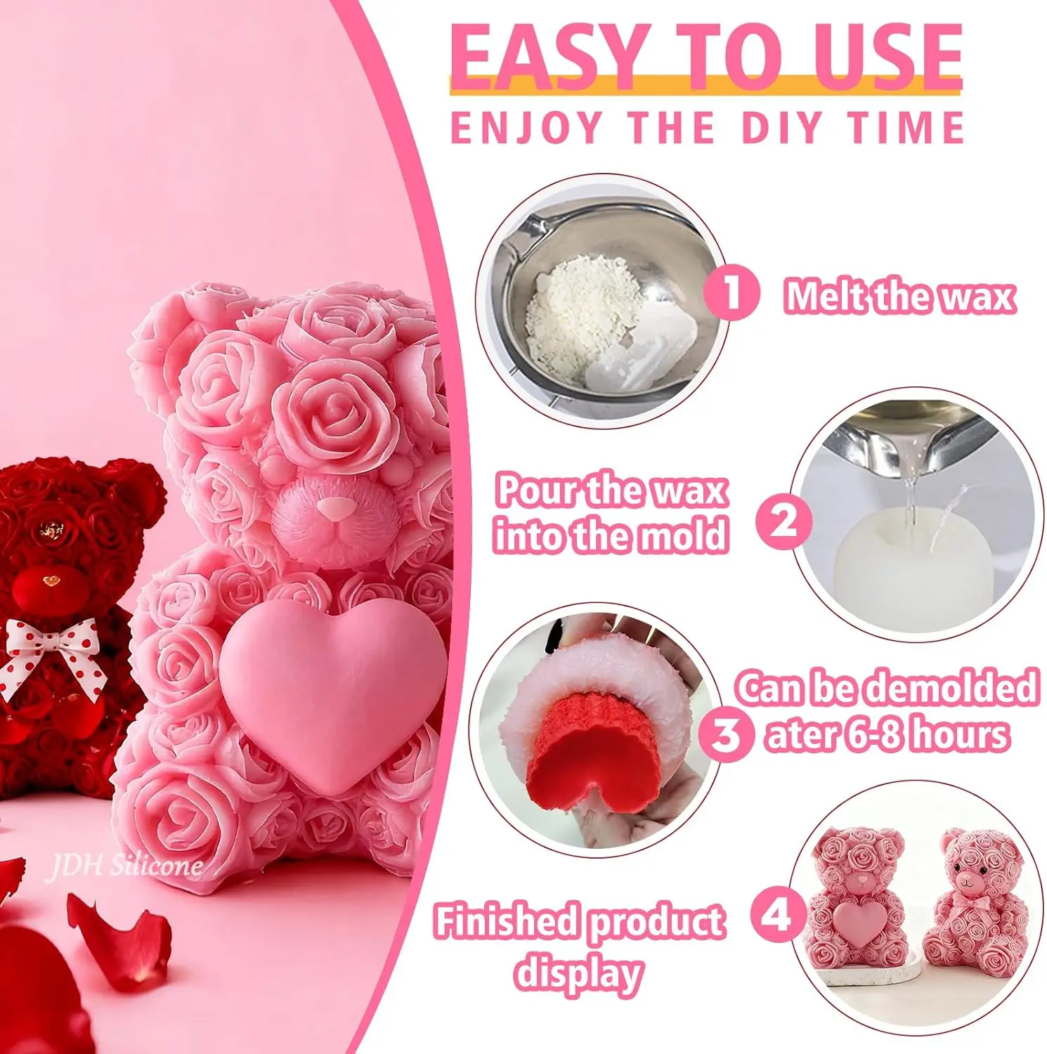 2PCS 3D Rose Bear Candle Molds Teddy Bear Silicone Molds for Epoxy Resin DIY Candle Soap Chocolate Cake Making Valentine's Day B view 3