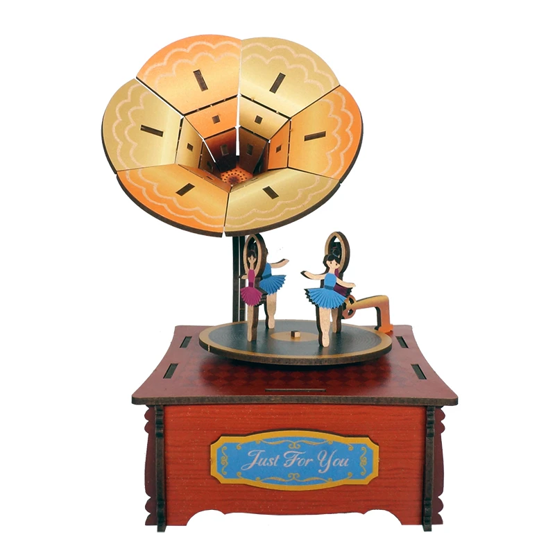 DIY 3D Wooden Phonograph Music Box Miniature Model Kits Jigsaw Puzzles Can Move for Children Birthday Gifts Home Decoration