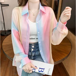 Gradient Women Shirt 2022 Summer New Turn Down Collar Half Sleeve Thin Tops Fashion Iridescent Breathable Sun Shirt