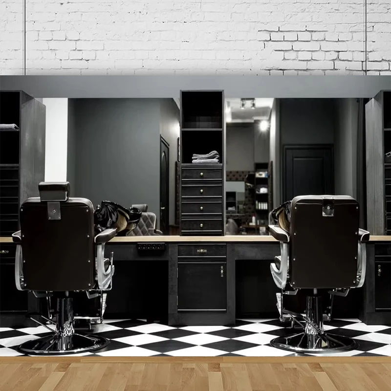 Retro Barber Shop Photography Backdrop Hair Salon Barber Chair Mirror Hairstylist Hair Cutting Background Interior Decor Poster
