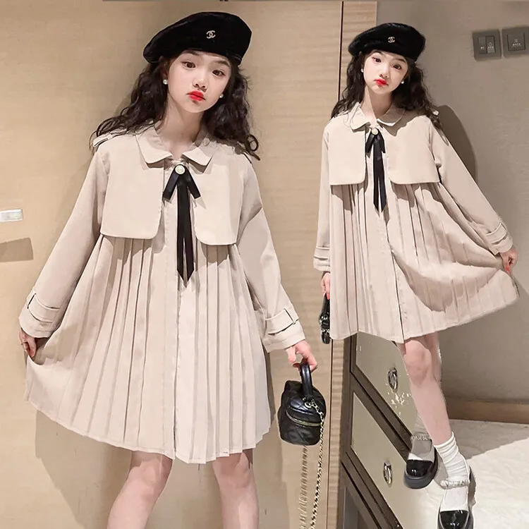 Girl Dress 2024 New Spring Autumn Korean Fashion Style Mid Length Trench Coat Baby Girl Solid British Style Long Sleeved Dress