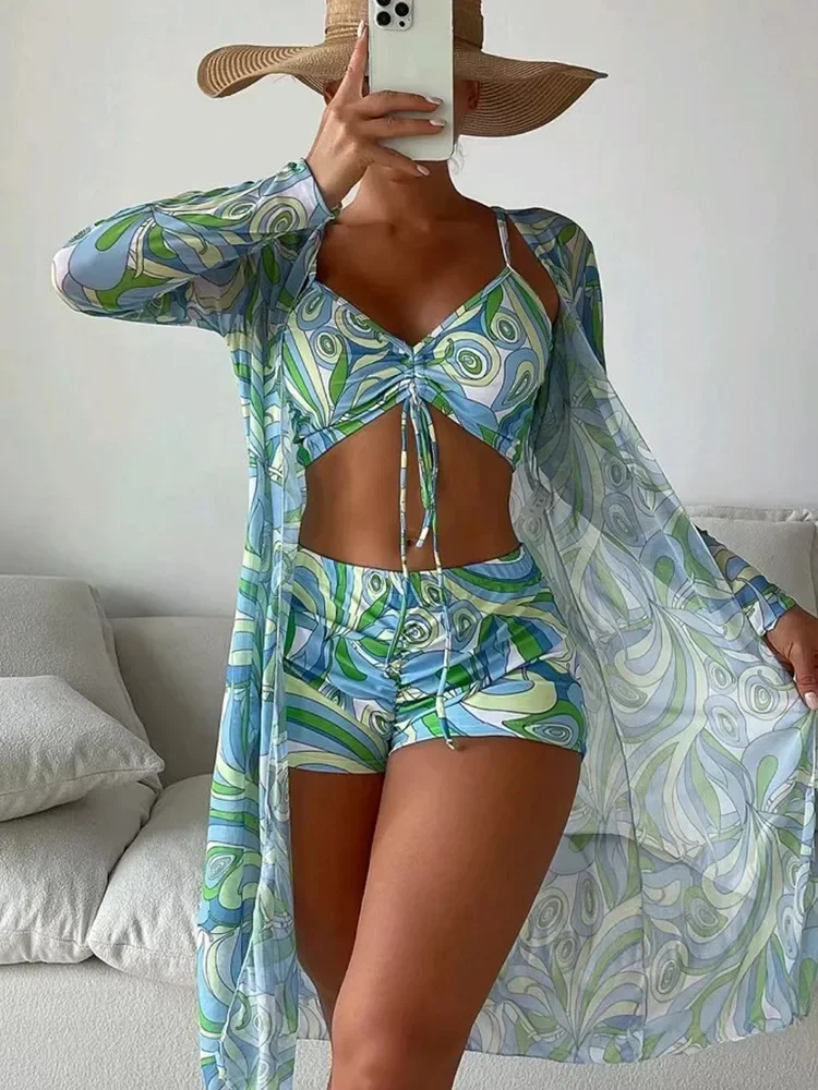 2024 New Tropical Print Bikini 3pack Drawstring Ruched Cover Up Women Swimsuit Long Sleeve Swimwear Beach Wear Bathing Suit