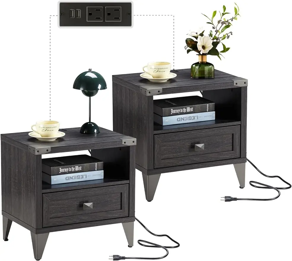 2pc Industrial Nightstands,End Table with Charging Station,Small Bedside Table with Drawers Storage for Living Room